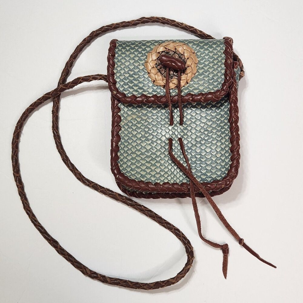Bohemian Leather Purse Woven Strap Boho Bag Loop Pull Closure Teal Brown Tan